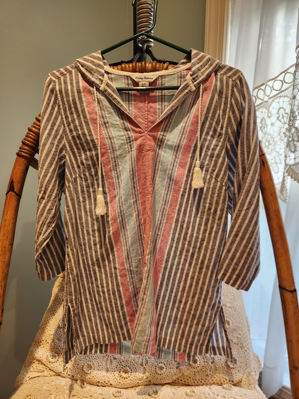 Tommy Bahama Pink, Light Blue & Grey Striped Tunic Top Shirt